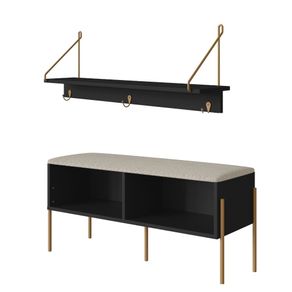Kit Banco Sapateira e Cabideiro com Prateleira Oslo Artesano MDP Nero Base Metal Dourado